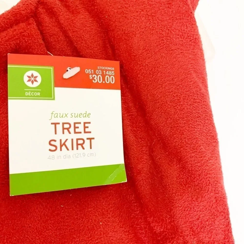 Red Faux Suede Christmas Tree Shirt with Fur, 48”